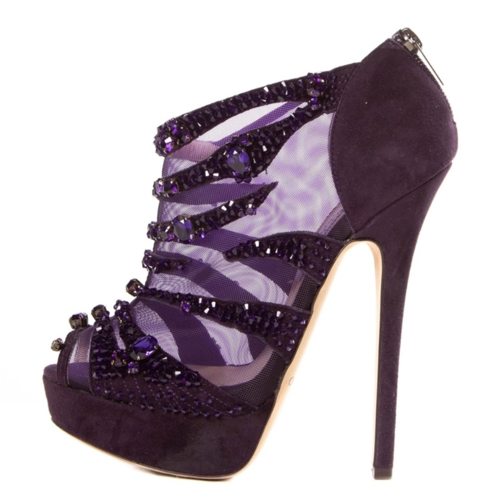 Jimmy Choo purple suede crystal and mesh platform sandal, 100% authentic